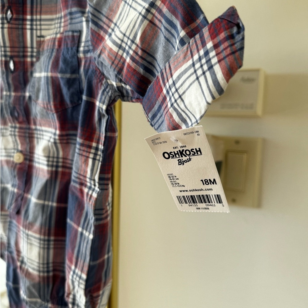 OshKosh B’gosh 18M button up plaid onesie shirt, brand new with tags - Picture 5 of 5